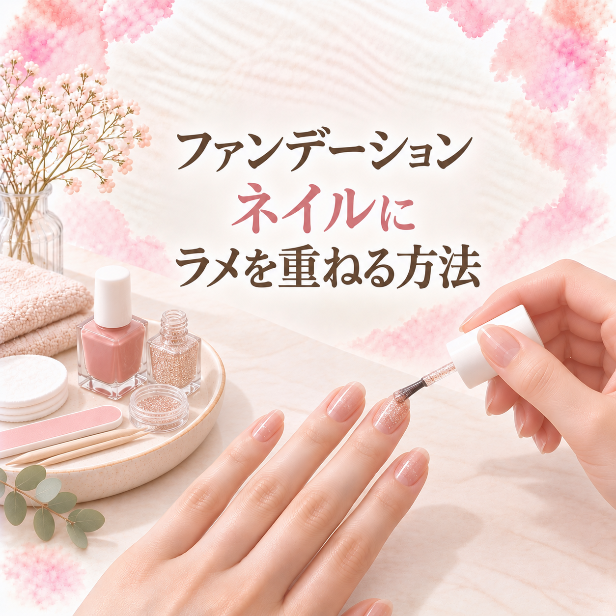 ファンデーションネイルにラメを重ねる方法
